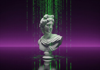 Digital Renaissance featuring classic bust with modern data stream overlay for cutting-edge tech and innovation concepts, creative AI solutions