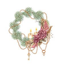Wreath of burgundy roses, fir branches, cones, chains, key, gear pendants and candles. Watercolor illustration in steampunk style for Christmas and New Year decor. Isolated from background.