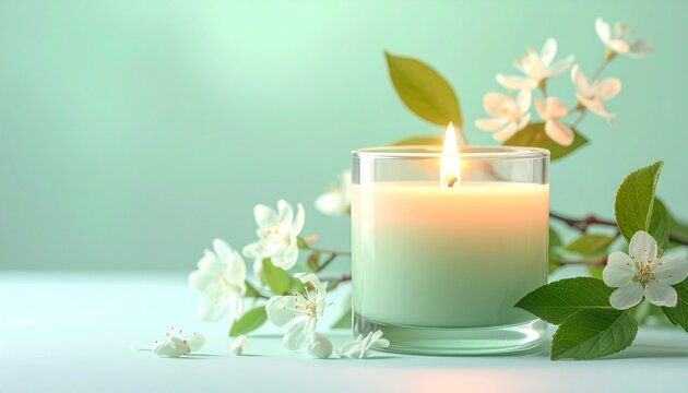 ペールミントの優しい背景に、小さな香り付きキャンドルを一つだけ置いた、柔らかくフェミニンな雰囲気の写真です。
暖かい光がキャンドルの炎と淡い色調をやさしく引き立てます。