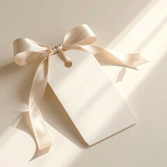 ライトベージュの優しい背景に、リボンで包んだギフトタグを一つだけ置いたフェミニンで上品な写真です。
柔らかな影がタグとリボンの形を引き立て、柔和で清楚な雰囲気を演出します。