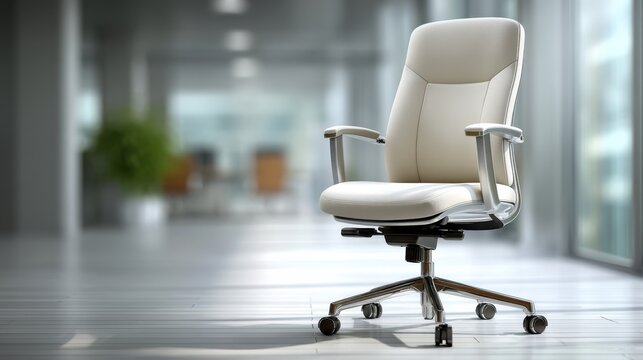 A sleek, modern office chair in a bright, spacious workspace with large windows and minimalistic design elements. - Powered by Adobe