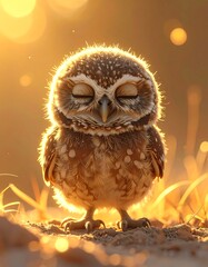 A fluffy baby bird, resembling a tiny owl, basks in golden sunlight with closed eyes, surrounded by soft bokeh and blurred grass