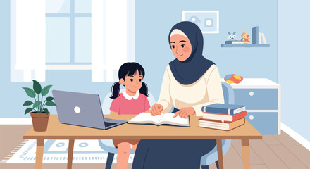 Flat vector Muslim mother in hijab tutoring daughter at desk with books and laptop. Solid tones, no gradients, Islamic family education and supportive parenting lifestyle