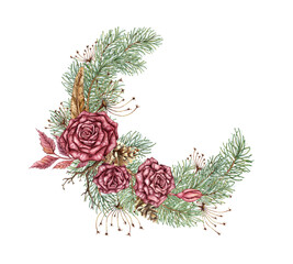 Wreath of burgundy roses, fir branches, cones, dried flowers, dry branches and feathers. Watercolor illustration in steampunk style for Christmas and New Year decor. Isolated from the background.