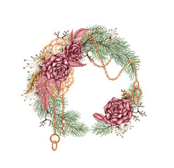 Wreath of burgundy roses, fir branches, cones, chains, key, pendant, gears and clock elements. Watercolor illustration in steampunk style for Christmas and New Year decor. Isolated from background.