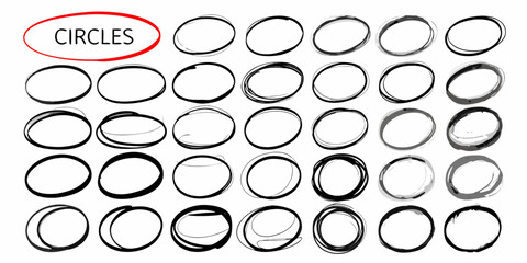 Collection of hand drawn circles and ovals in black and gray with a red oval label saying circles
