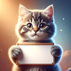 A fluffy, tabby kitten with large eyes, holding a blank wooden sign. Soft lighting and a blurred background
