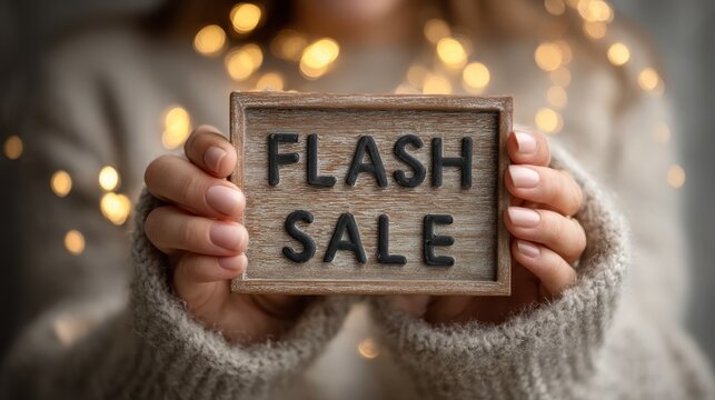 A person holds a wooden sign reading "FLASH SALE" with warm bokeh lights in the background, creating a cozy atmosphere.