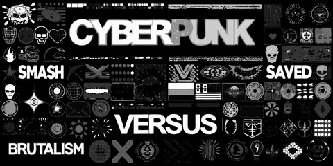 Cyberpunk brutalism smash versus saved collage with skulls and futuristic icons