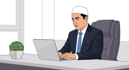 Flat vector Muslim man in kufi hat working on laptop at desk with modern office items. Solid tones, no gradients, Islamic professional lifestyle theme