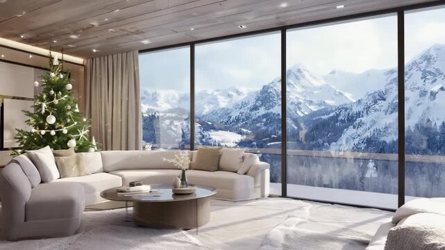 Cozy chalet  interior with views of snow covered forest in winter. Large panoramic window, mountain vacation. Ski resort