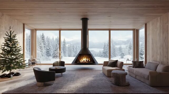 Cozy chalet  interior with views of snow covered forest in winter. Large panoramic window, mountain vacation. Ski resort