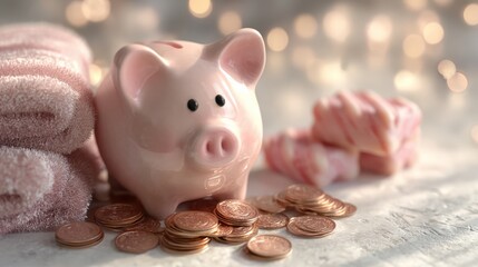 A cute piggy bank surrounded by coins and towels, set against a soft, blurred background with warm lighting, symbolizing savings and financial planning.