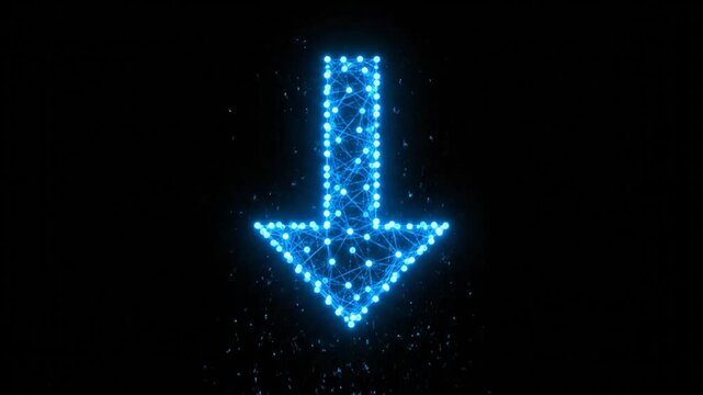 A luminous, network-like arrow pointing down against a black background. Glowing blue particles
