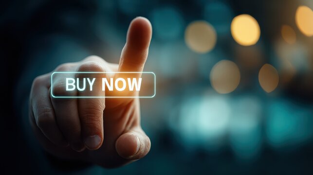 A hand poised to press a "BUY NOW" button, symbolizing online shopping and consumer engagement in a digital marketplace.