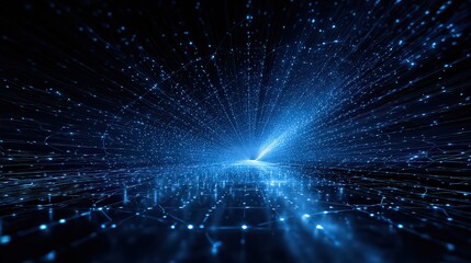 Abstract Digital Data Stream with Blue Dots and Lines on Black Background