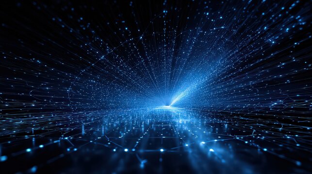 Abstract Digital Data Stream with Blue Dots and Lines on Black Background - Powered by Adobe