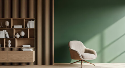 Interior Design Showcase A Modern Living Room with Green Wall, Wooden Accents, and Stylish Armchair Displaying Contemporary Home Decor and Furniture Arrangement