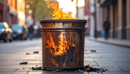A metal trash receptacle is engulfed in flames on a city street. The fire burns brightly as pedestrians walk in the blurred background