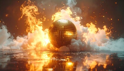 A golden sphere, resembling a disco ball, is engulfed in flames and billowing smoke, creating a surreal and dramatic scene