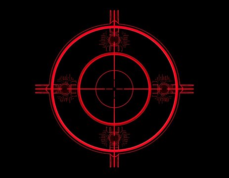 A red digital crosshair, composed of concentric circles and intersecting lines, set against a dark black backdrop