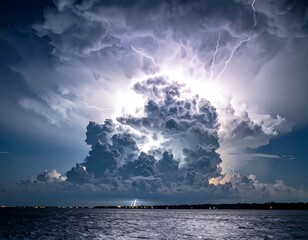A dramatic nighttime image showcases a massive thunderstorm over water. Intense lightning illuminates towering cumulonimbus clouds
