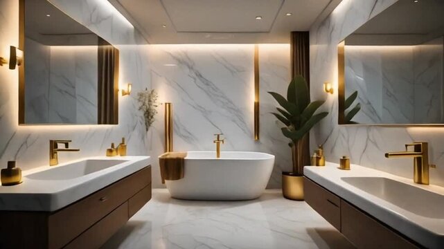 Luxurious bathroom interior featuring marble walls and floors with gold accents creating a modern and elegant spalike atmosphere perfect for relaxation and comfort