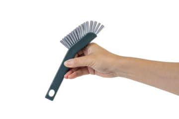 Blue toilet brush in hand on transparent background