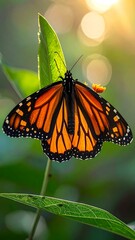 A monarch butterfly with vibrant orange and black wings, perched on a green leaf, illuminated by the golden sunlight