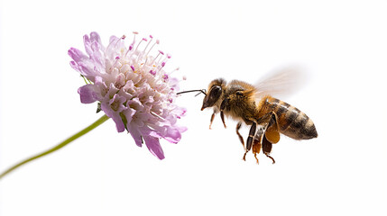 Bee collecting nectar from a purple flower in a garden