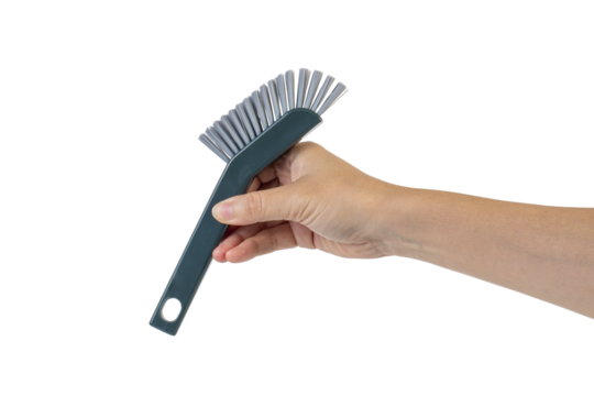 Blue toilet brush in hand on transparent background