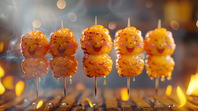 3d cute satay skewer character grilled meat on