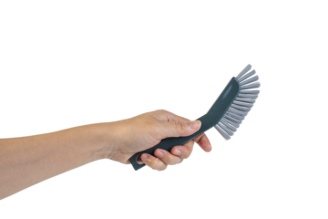 Blue toilet brush in hand on transparent background