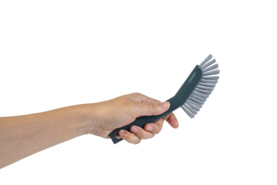 Blue toilet brush in hand on transparent background