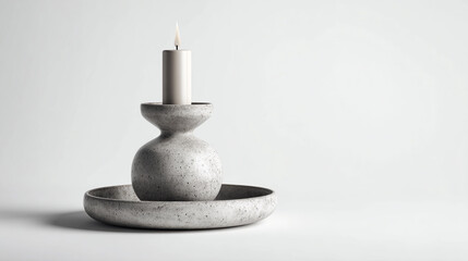 Modern candle holder with white candle on simple background