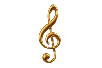 Golden treble clef musical symbol isolated on a transparent background, representing harmony, melody, and sound