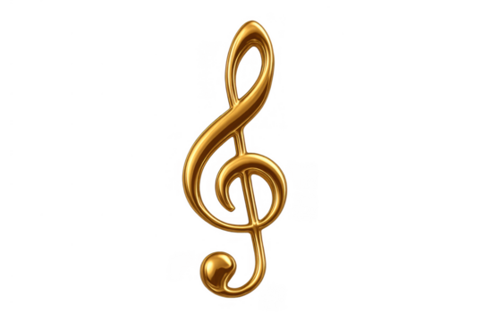 Golden treble clef musical symbol isolated on a transparent background, representing harmony, melody, and sound