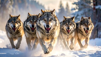A pack of five wolves sprints through snow, their eyes fixed forward with open mouths. Snowy trees form the blurred backdrop