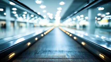 Automated Walkway Perspective View in Modern Airport Terminal with Blurred Background and Warm Lighting
