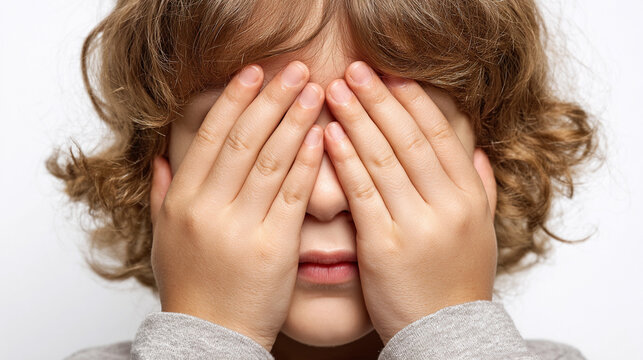 Child covering eyes in a playful game of hide and seek indoors
