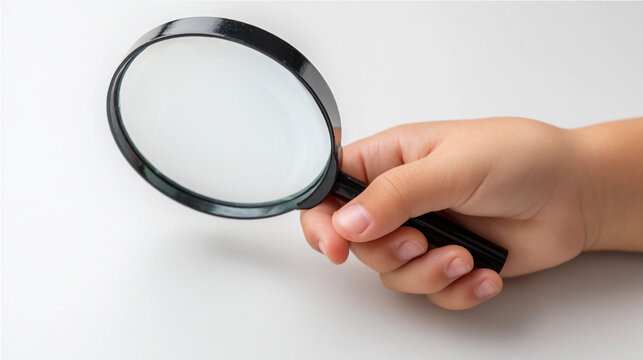 Child holding a magnifying glass in a bright, indoor setting