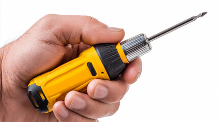 Hand holding a yellow screwdriver with drill bit close up