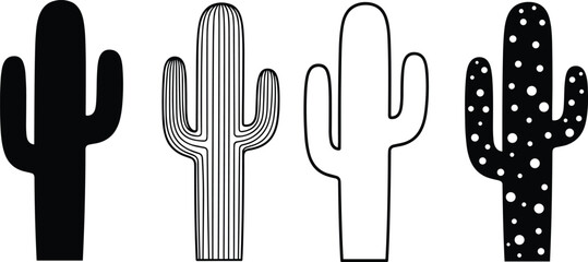 Set of cactus silhouette and outline illustrations, desert plant icons in different styles, minimal botanical vector design for nature, western and decor themes