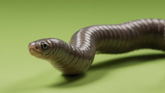 Close-up of a shiny, gray caecilian on a green background.