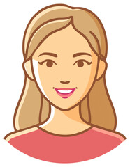 Friendly blonde woman with a warm smile and brown eyes wearing a coral shirt illustration