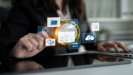 Digital business infrastructure with data system, analytics, sync. System management improves access, system management ensures performance, and system management supports digital operations. Latch