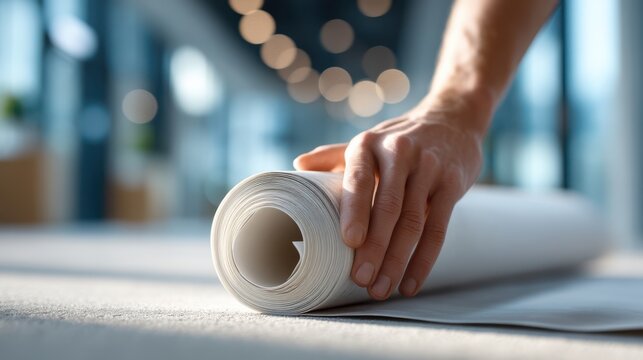A hand is gently unrolling a large piece of paper in a bright, modern space, highlighting the texture and clean lines of the material.