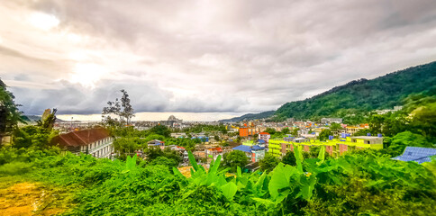Panoramic view tropical landscape mountains city beach Patong Phuket Thailand.