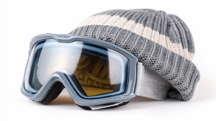 Stylish winter ski goggles and beanie on a white background