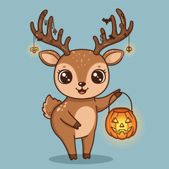 Cute Halloween deer holding a glowing jack-o'-lantern bucket with spooky decorations on its antlers.
